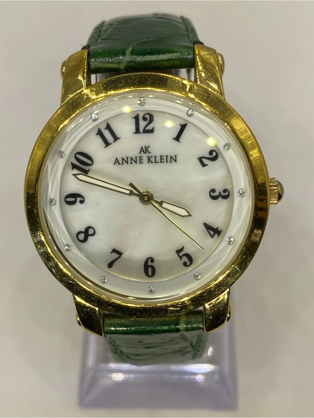Men’s *** Anne Klein “ Gold Case ^ Emerald Green *** Leather Strap Watch ***